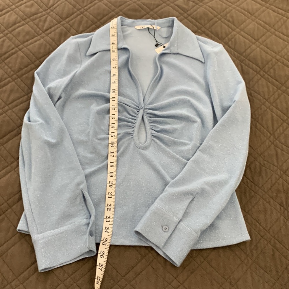 NWT Zara Light Blue Open Detail Ruched Top - Picture 12 of 14